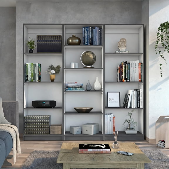 Contemporary Indoor Living Room 3 Piece Storage Bookcase Set, 74 Inch Wide 13 Shelves, Neutral Gray and White Particle Board