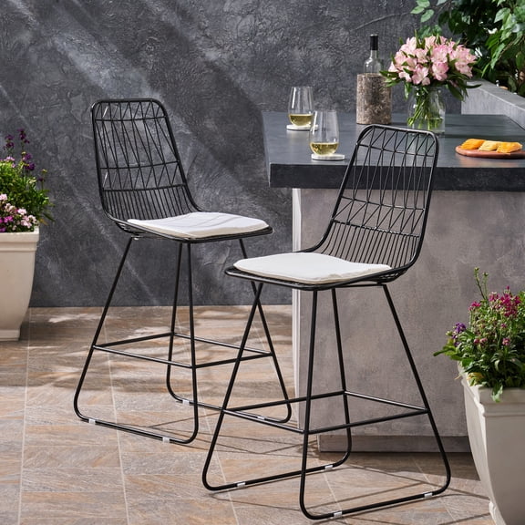 Contemporary Iron Counter Stools With Water- Seat Insert ( Of 2) - 17.99"w X 25.03"d 42.67"h, Height 26.25", 400 Lbs Max Weight 2 Cushions Capacity