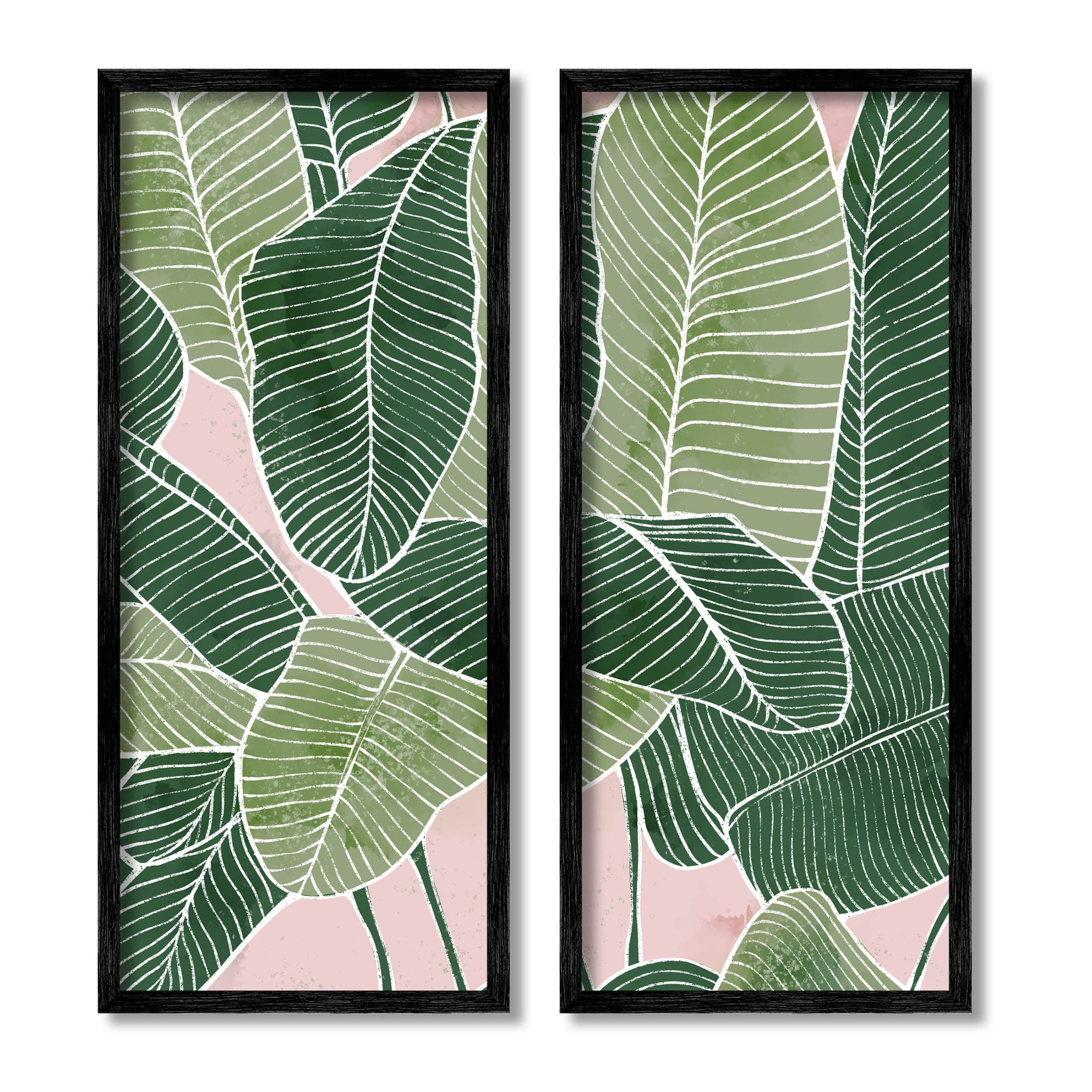 Contemporary Green Jungle Leaves Canvas Print Set with Black Frame