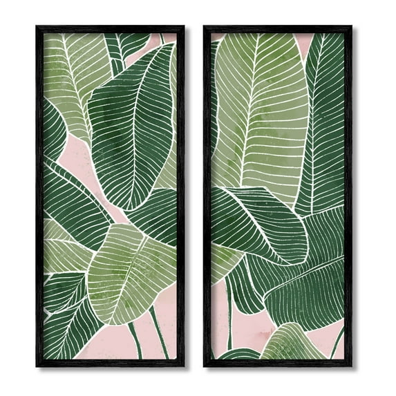Contemporary Jungle Vegetation Leaves Botanical & Floral Graphic Art Black Framed Art Print Wall Art, Set of 2