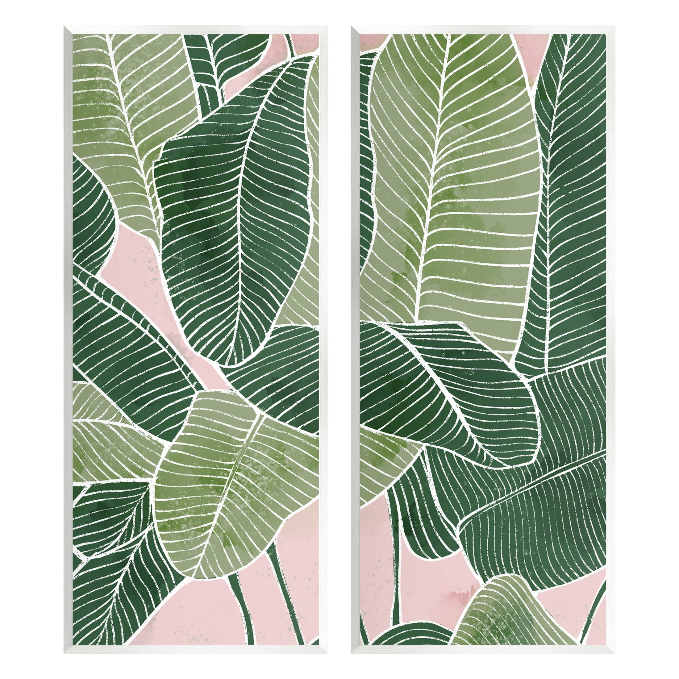Green and Pink Botanical Leaf Art Prints on MDF Wood, Set of 2