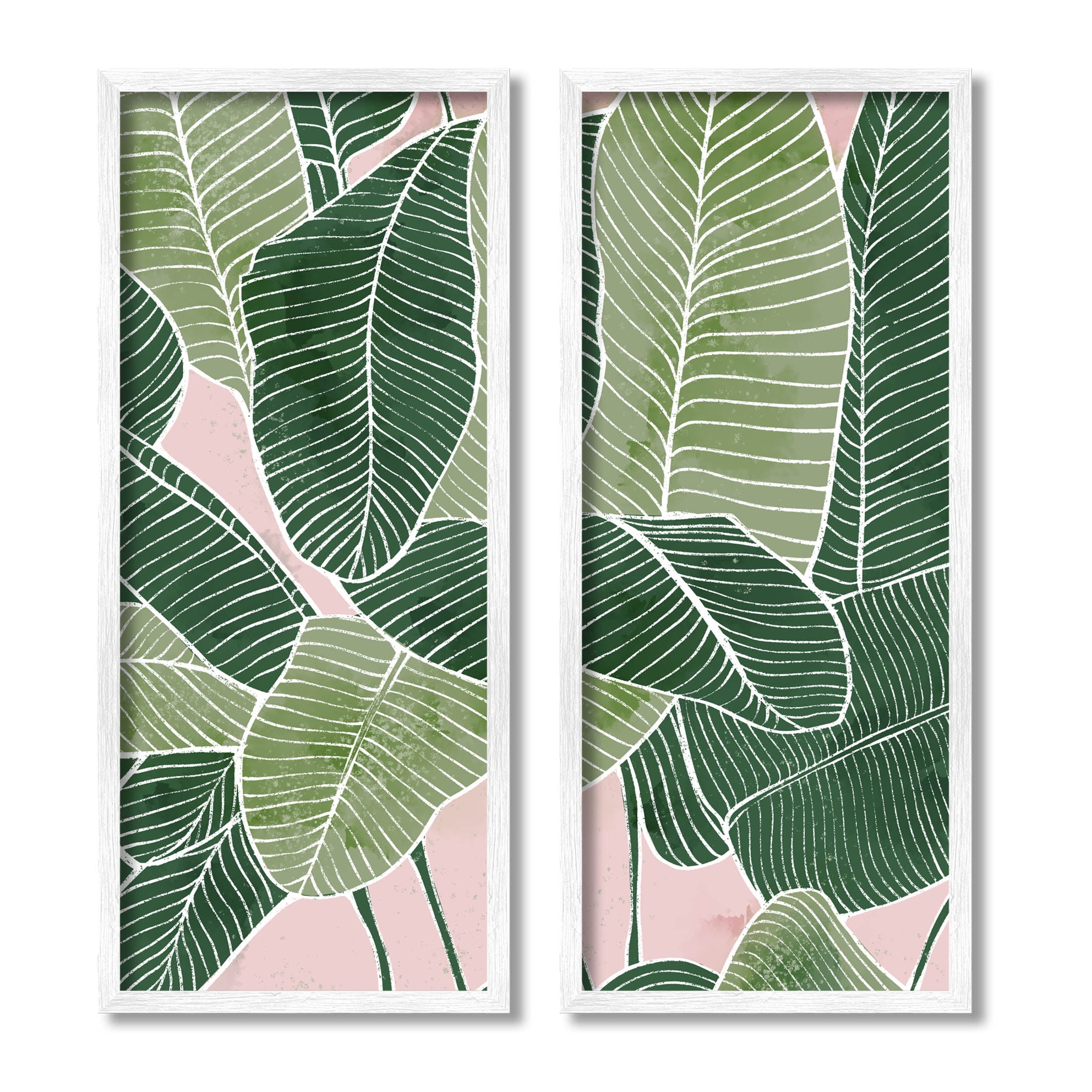 Contemporary Jungle Vegetation Leaves Botanical & Floral Graphic Art White Framed Art Print Wall Art, Set of 2