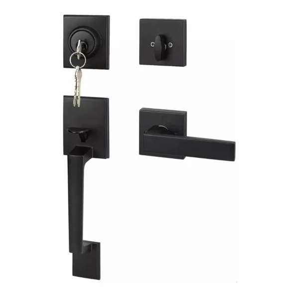 Contemporary Keyed Entry Door Handle Set with Straight Lever and Deadbolt, black