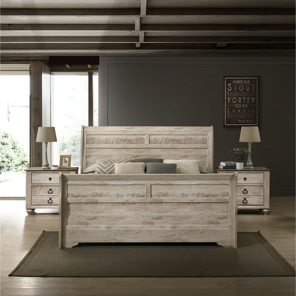 Contemporary King Bedroom - Bed & 2 Nightstands Metal Accents Rustic Style And With Top Trim