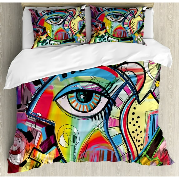 Contemporary King Size Duvet Cover Set, Lively Colored Hand Drawn Style Artwork Abstract Composition with an Eye Motif, Decorative 3 Piece Bedding Set with 2 Pillow Shams, Multicolor, by Ambesonne
