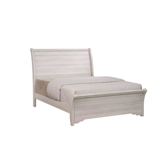 Contemporary King Sleigh Bed, Chalk Gray Finish, Curved Headboard, Horizontal Lines, Box Spring Required