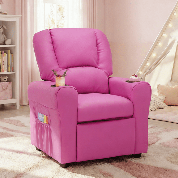 Snugway Kids Recliner Chair, Contemporary Faux Leather with 2 Cup Holders, Hot Pink