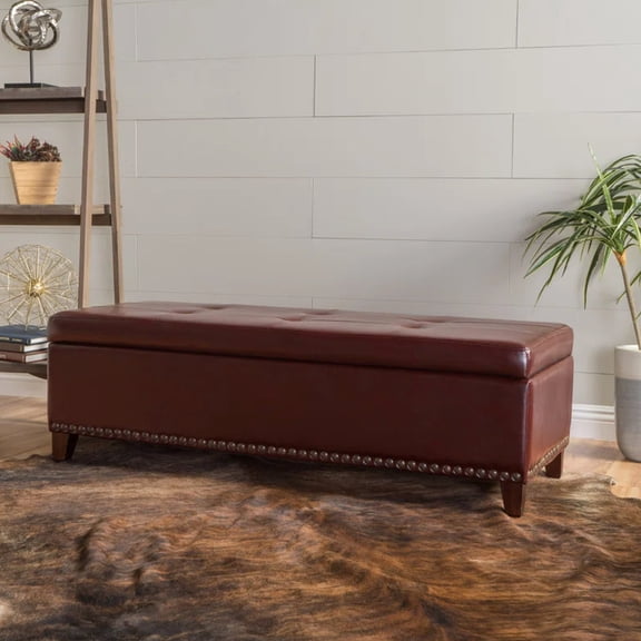 Contemporary Leather Ottoman with Nailhead Trim and Waffle Pattern / Good for Pillow Storage