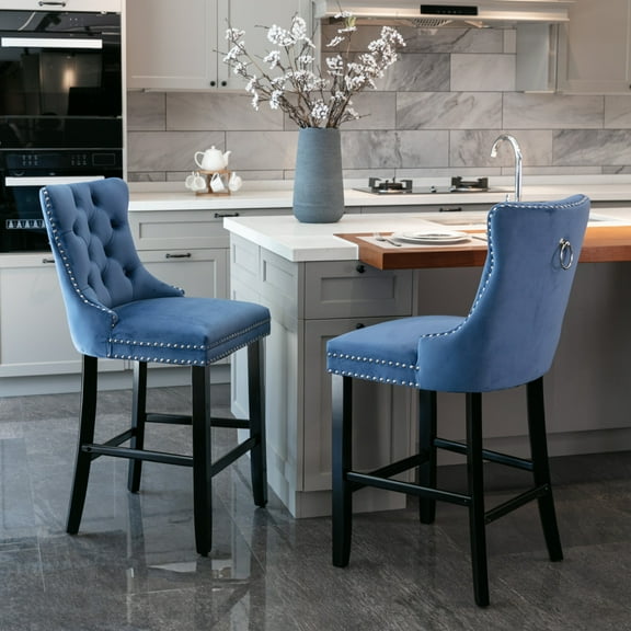 Contemporary Leisure Style Bar Stools Set of 2, Velvet Upholstered Counter Height Bar Chairs for Home Bar & Dining Counter, with Button Tufted Decoration, Wooden Legs & Chrome Nailhead Trim,Blue