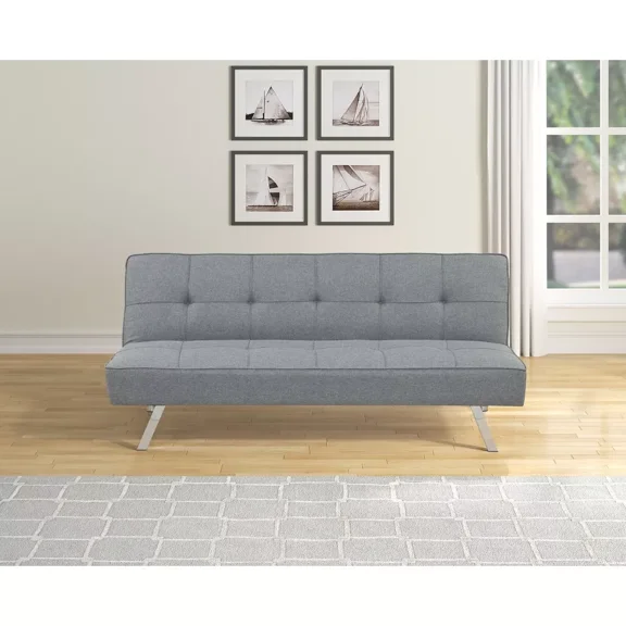 Contemporary Lenin Tufted Futon Sofa Bed with Chrome Metal Legs, Living Room Sleeper Sofa Couch, Gray