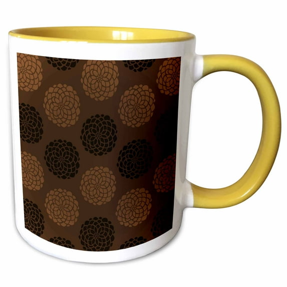 3drose, Contemporary Light and Dark Brown Large Mums Flower Pattern, 11oz Two-tone Yellow Mug