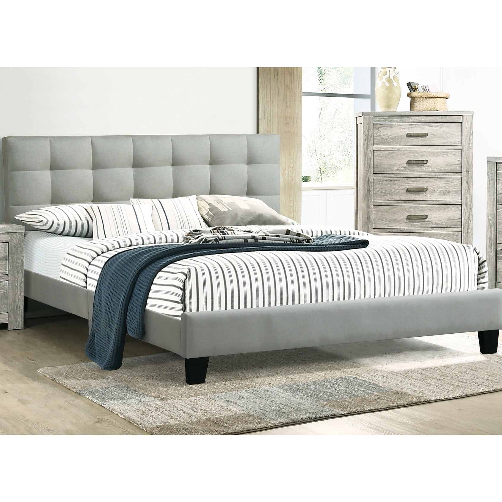 Contemporary Light Gray Queen Bed Frame with Tufted Headboard | Wood ...