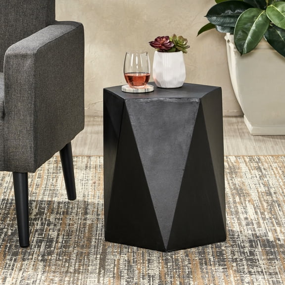 Fashionable Lightweight Concrete Outdoor Pentagon Table, Matte Black, 16x16x16, No Assembly Sleek Side 16"x16"x16", Required
