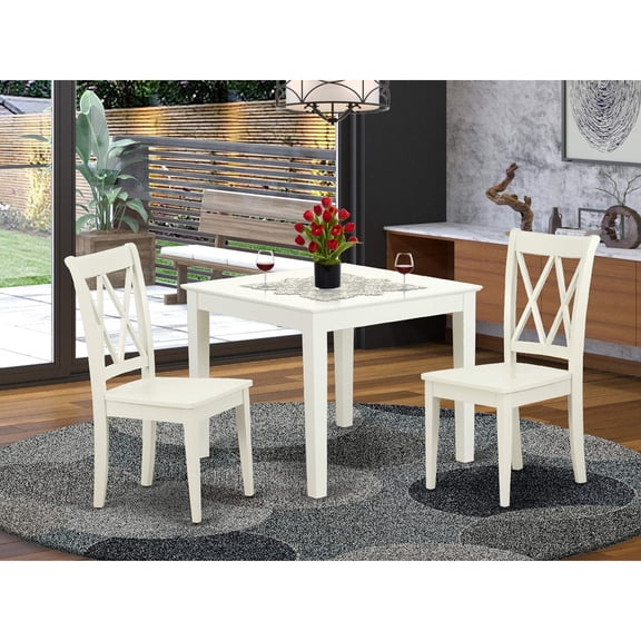 Contemporary Linen White Dining Set - Square Table & 2 Chairs - Solid Wood - Antique Look - Easy Assembly - 36 inch - OXCL3-LWH-W