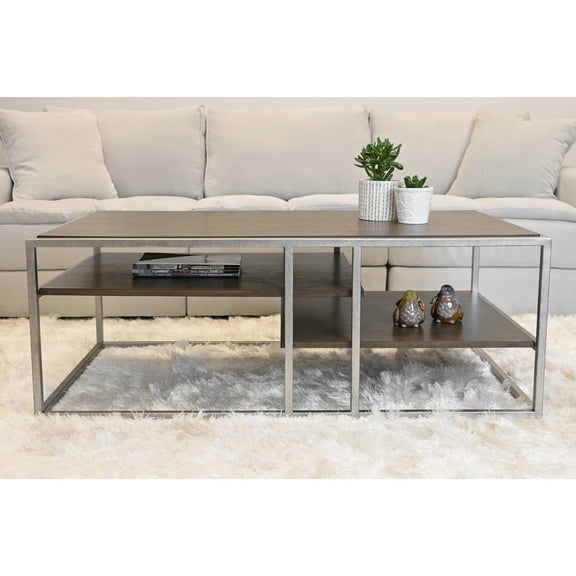 Contemporary Living Room Coffee Table With Metal & Wood - Shelf, 50"w 26"d 18"h, Brown Hue Modern Support And Shelf 50"x26"x18", Accent