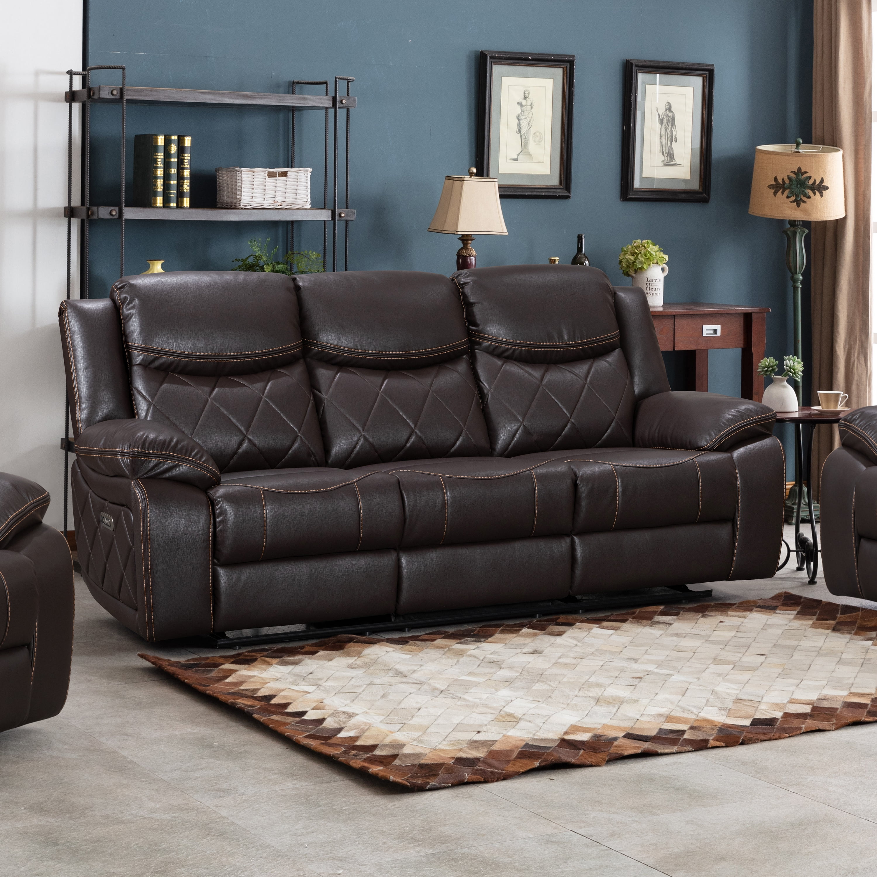 Contemporary Living Room Plush Faux Leather Upholstered Power Reclining Sofa Brown Walmart