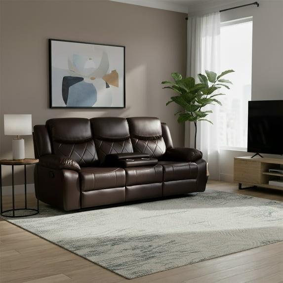 Contemporary Living Room Plush Faux Leather Upholstered Power Reclining Sofa, Brown