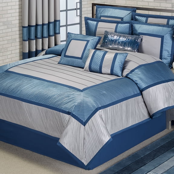 Contemporary Luxury Beta Pleated Polyester Bedding, 4-Pc Blue Queen Comforter Set