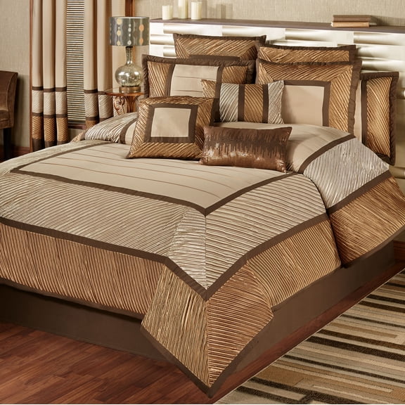 Contemporary Luxury Delta Pleated Polyester Bedding, 4-Pc Bronze Queen Comforter Set