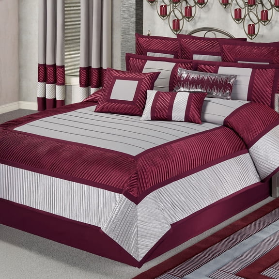 Contemporary Luxury Sigma Pleated Polyester Bedding, 4-Pc Burgundy Cal King Comforter Set