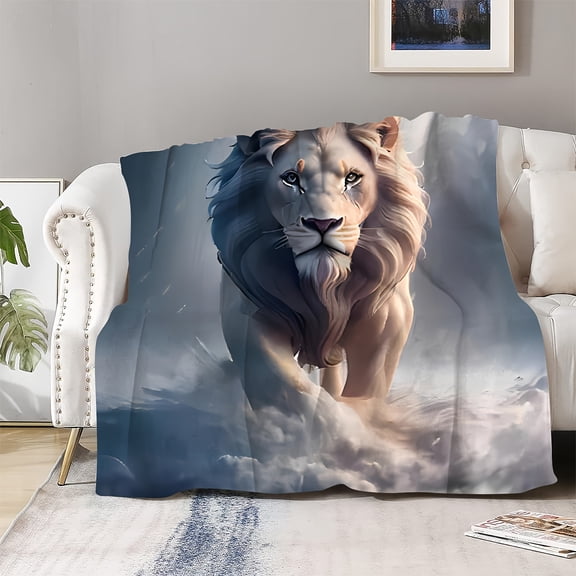 Contemporary Majestic Lion Print Soft Flannel Throw Blanket – Cozy All-Season Knitted Polyester Bedding – Decorative Animal Theme Gift Throw for Friends – Modern Lightweight Warm Cover