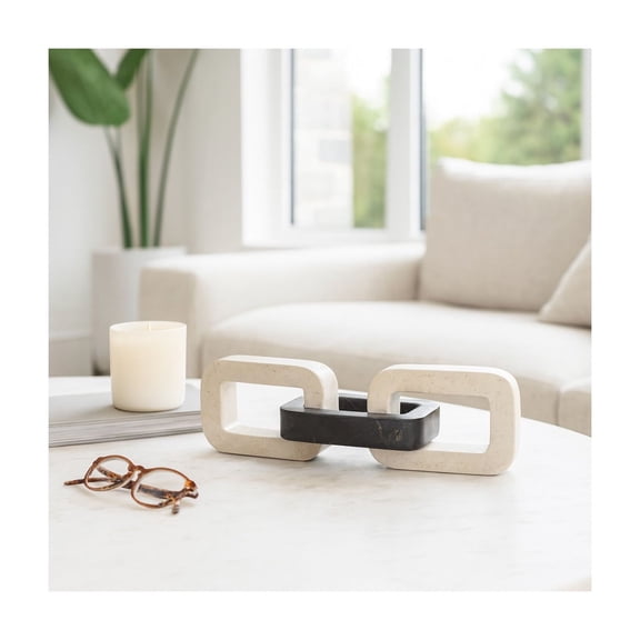 Contemporary Marble Chain Link Sculpture - Decorative Home Accent for Bathroom, Office, or Living Room - Ideal Ornaments for Shelf or Coffee Table - 4", Ivory & Black