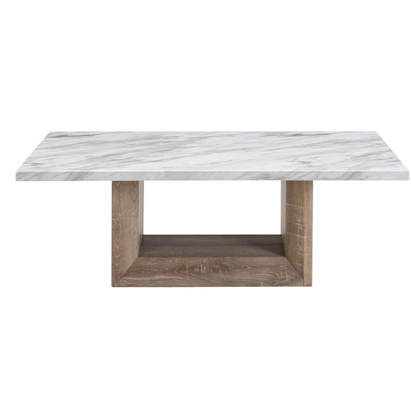 Contemporary Marble Coffee Table, Rectangular, Brown Wood Base, Pedestal, Black Hues Modern Table With Finish, Nuance