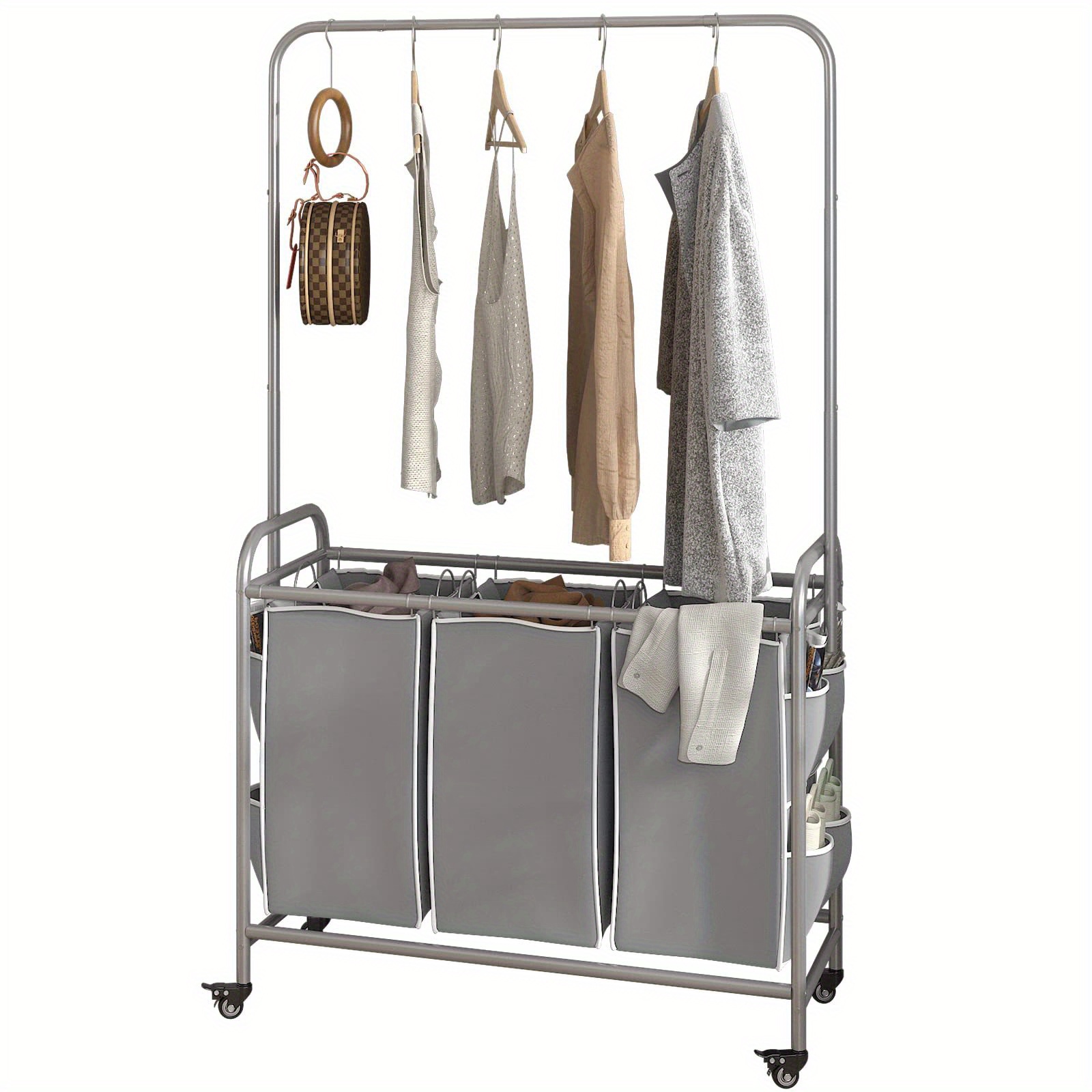 Contemporary Metal Laundry Sorter with 3-Bag Hamper, Hanging Bar ...