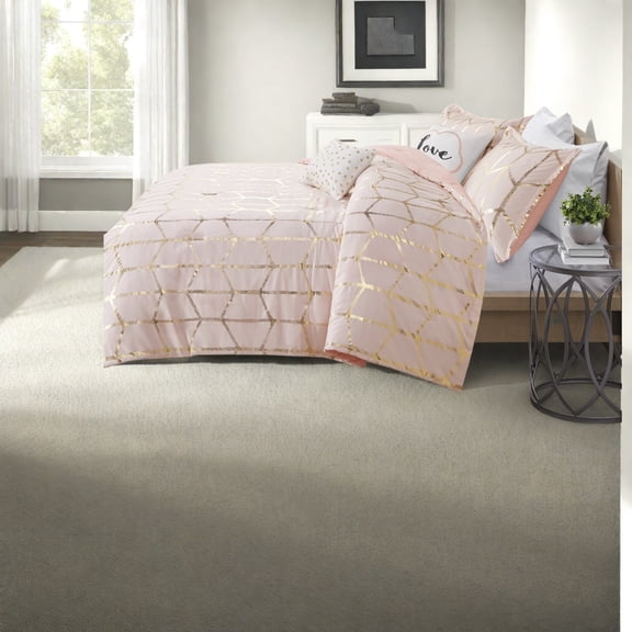 Contemporary Metallic 5Piece Bedding Set Soft Microfiber Blush Full/Queen