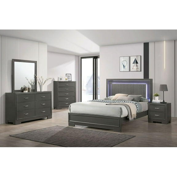 Contemporary Metallic Gray Bedroom 6pc Set California King Size Bed Dresser Mirror 2x Nightstands Chest Solid wood Furniture