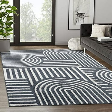 Contemporary Mid-Century Design 4’ X 6’ Area Rug Rugs - Modern Non-Shed Arches Print Cream & Black Bedroom Rug