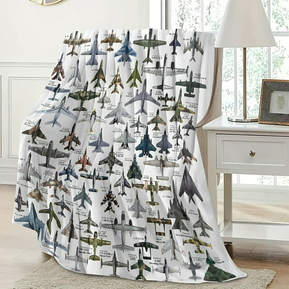 Contemporary Military Aircraft Print Flannel Throw Blanket - Hypoallergenic, All-Season Knit Fabric Bedding with Digital Printing, 200-250Gsm Polyester
