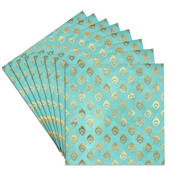 3drose, Contemporary Mint Green and Image of Gold Modern Peacock Feather, Set of 8 Ceramic Tile Coasters