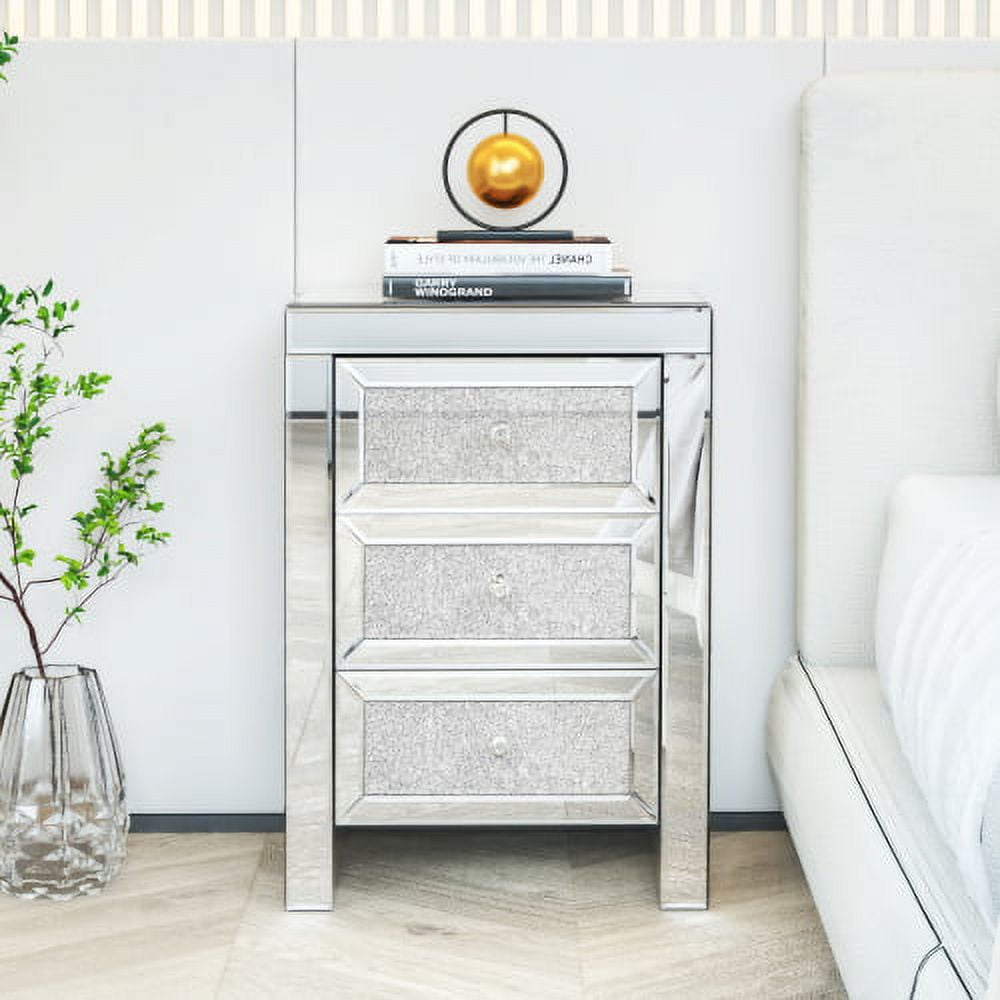 Contemporary Mirrored Nightstand, 3-Drawer End Table Glass Bedside ...