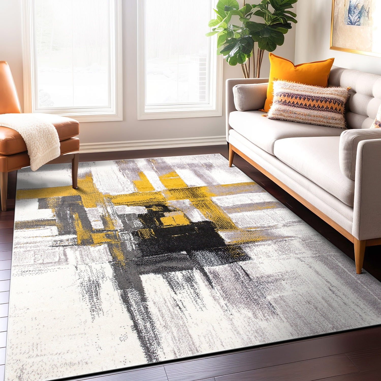 Contemporary Gold Abstract 7' 10" x 10' Synthetic Area Rug