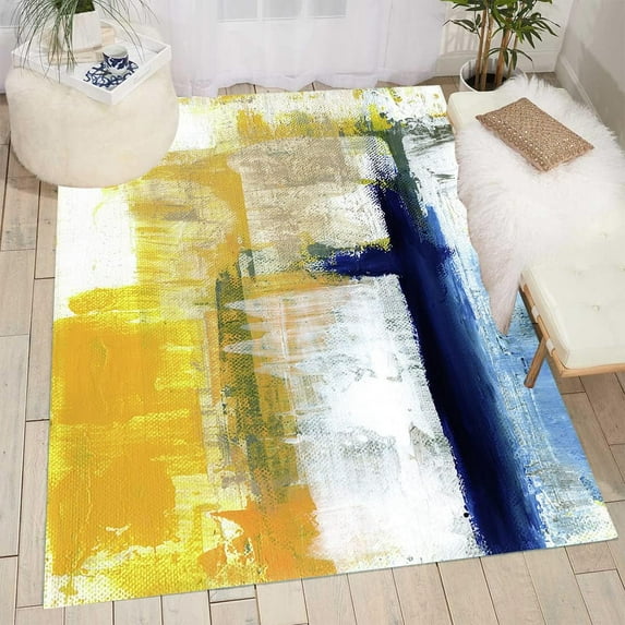 Contemporary Modern Abstract Blue Yellow Vibrant Area Rug 5x7ft Aesthetic Rug for Living Room Bedroom Dining Office Art Deco Floor Rug Kitchen Hallway Runner
