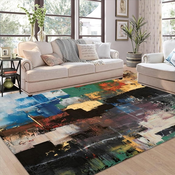 Contemporary Modern Abstract Rug Blue Green Black Art Aesthetic Vibrant Area Rugs For Living Room Dining Room Bedroom Home Office Floor Deco Carpet Washable Non Slip Indoor Mat 5x6ft