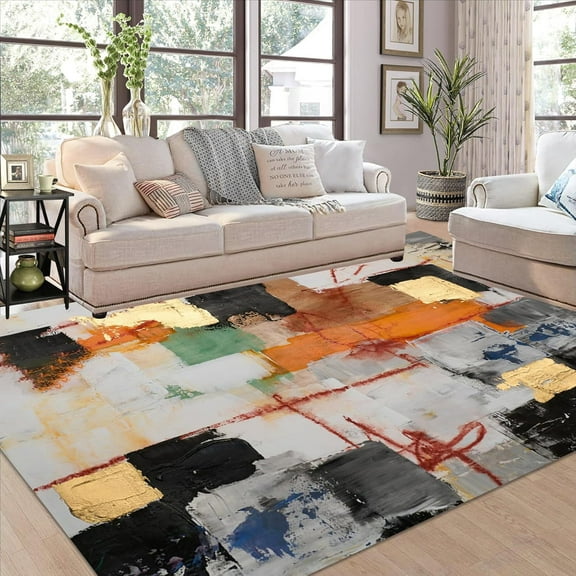 Contemporary Modern Abstract Rug Grey Gold Orange Art Aesthetic Vibrant Area Rugs For Living Room Dining Room Bedroom Home Office Floor Deco Carpet Washable Non Slip Indoor Mat 1x2ft