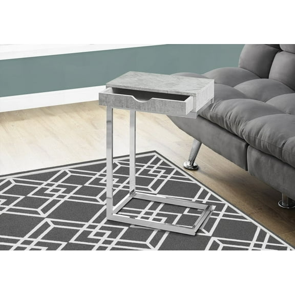 Modern Grey Laminate & Chrome Metal Coffee Table - C-shaped, Storage Drawer for Living Room