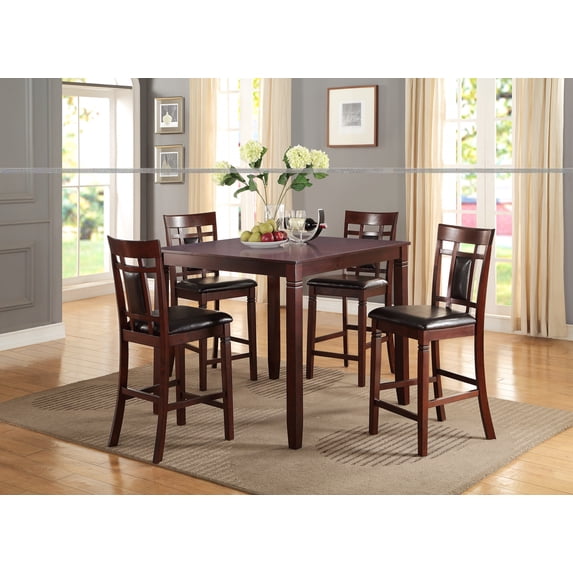 Contemporary Modern Cherry / Brown Finish Dining Table Chairs 5pc Casual Counter Height Dining Set Wooden Unique Chairs Back