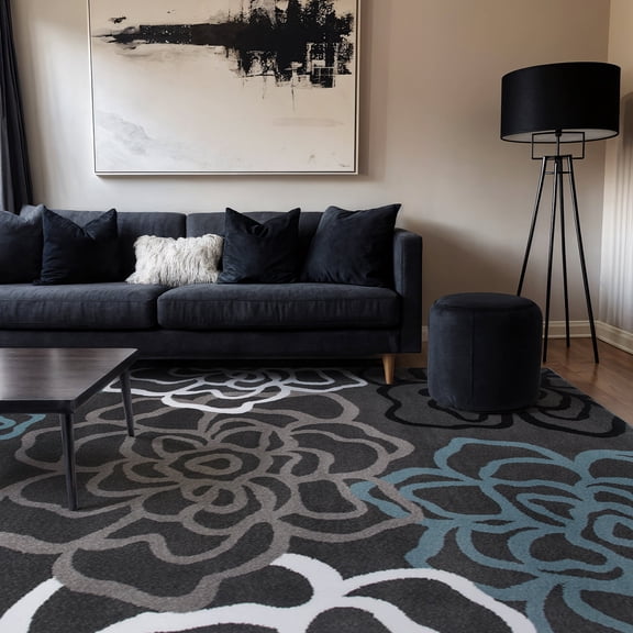 World Rug Gallery Contemporary Modern Floral Flowers Area Rug - D.Gray 9'x12'