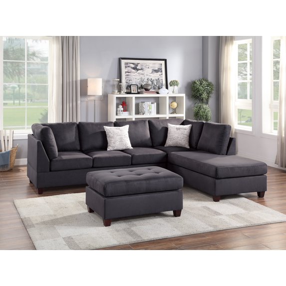 Contemporary Modern Living Room Reversible L/R Chaise Sofa Ottoman 3pc Sectional Lounge Pillows Ebony Microfiber