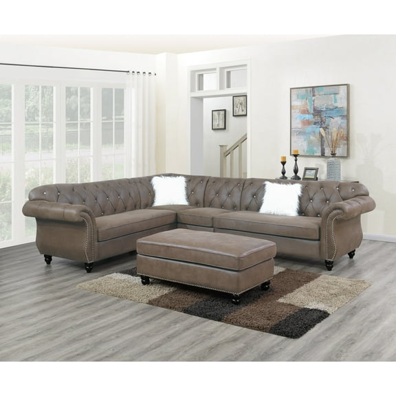 Contemporary Modern Living Room Sectional Sofa Set Dark Coffee Beatheable Leatherette Tufted Loveseats Armless Chair Corner Wedge 4pc Set