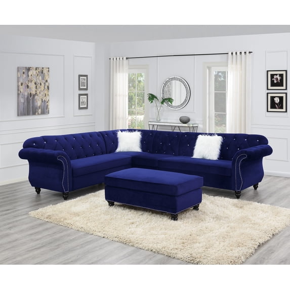Contemporary Modern Living Room Sectional Sofa Set Indigo Velvet Fabric Tufted Loveseats Armless Chair Corner Wedge 4pc Set