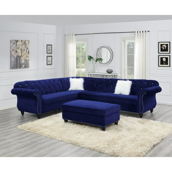 Contemporary Modern Living Room Sectional Sofa Set Indigo Velvet Fabric Tufted Loveseats Armless Chair Corner Wedge 4pc Set