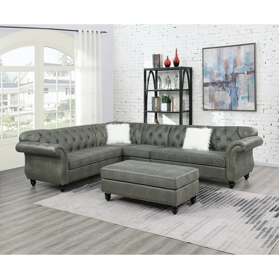 Contemporary Modern Living Room Sectional Sofa Set Slate Grey Beatheable Leatherette Tufted Loveseats Armless Chair Corner Wedge 4pc Set