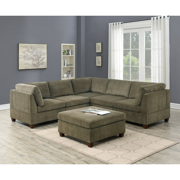 Contemporary Modern Unique Modular 6pc Sectional Sofa Set Tan Chenille Fabric Wood Legs 3 x Corner Wedge 2x Armless chairs and 1 x Ottoman