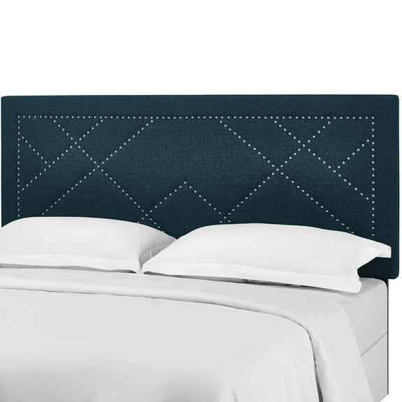 Contemporary Modern Urban Designer Bedroom Full and Queen Size Headboard, Rivet Nail, Fabric, Navy Blue