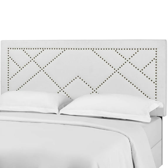 Contemporary Modern Urban Designer Bedroom Full and Queen Size Headboard, Rivet Nail, Fabric, White
