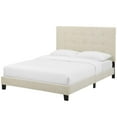 thumbnail image 1 of Contemporary Modern Urban Designer Bedroom Queen Size Platform Bed Frame, Fabric, Beige, 1 of 5